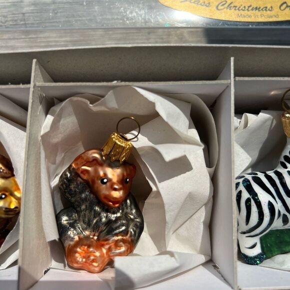 Four vintage handblown glass jungle animals Christmas ornament set, Poland, box - Picture 6 of 8